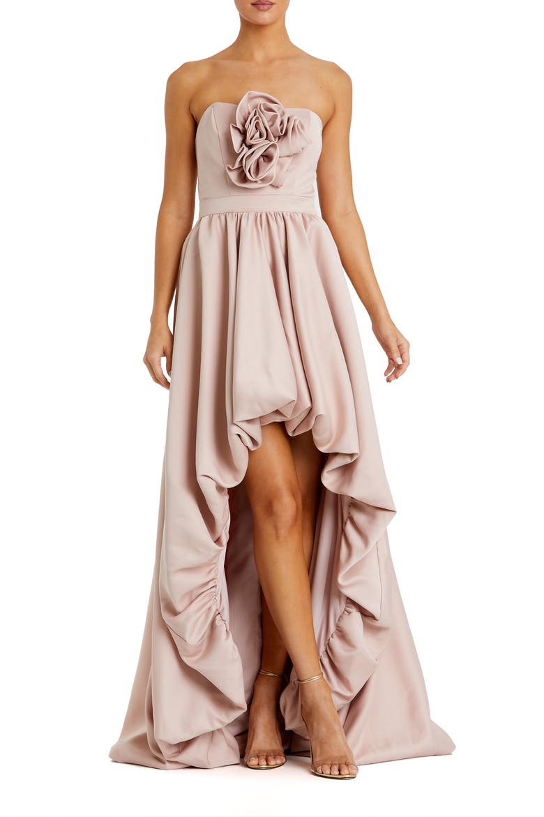 Satin Strapless Bubble High Low Gown With Roses, Main, color, Blush