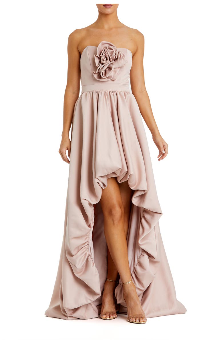 Mac Duggal Satin Strapless Bubble High Low Gown With Roses, Main, color, Blush