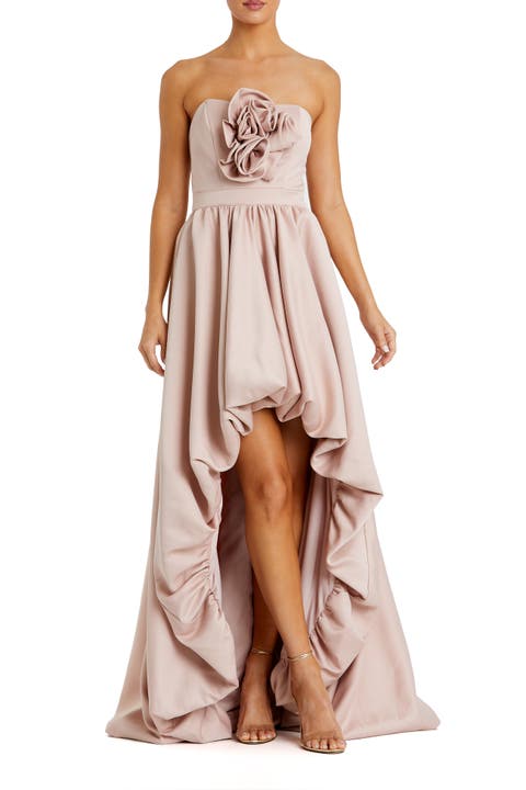 Satin Strapless Bubble High Low Gown With Roses