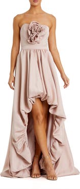 Mac Duggal Satin Strapless Bubble High Low Gown With Roses