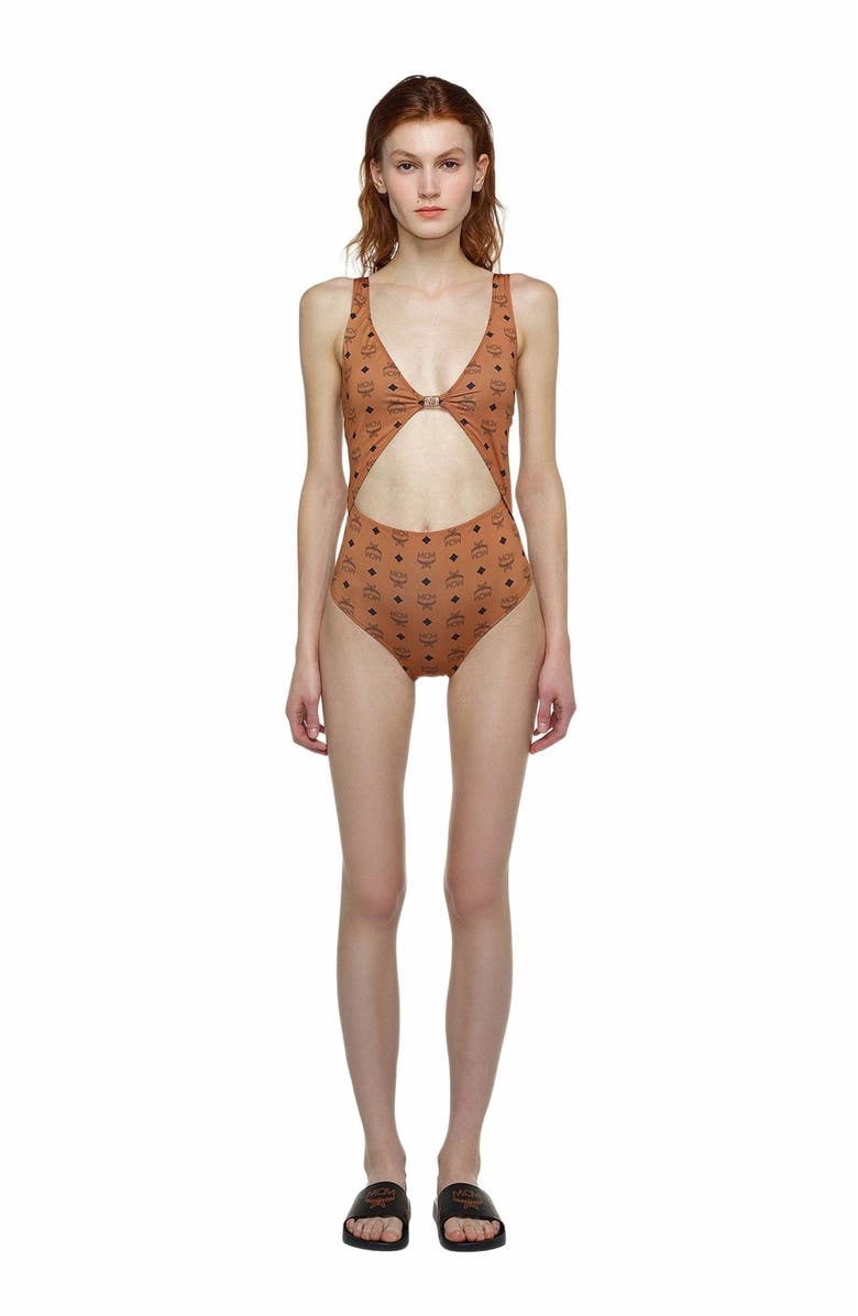 MCM Monogram Print Swimsuit, Alternate, color, Cognac