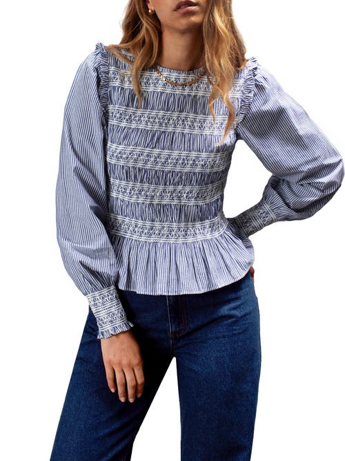 Ro&zo Womens Blue Shirred Long-sleeve Embroidered Cotton Blouse In Blue