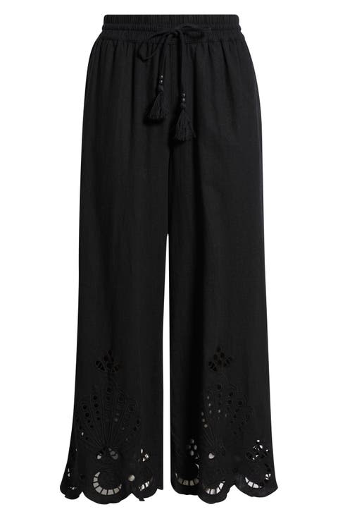 Cutwork Hem Linen Blend Pull-On Pants