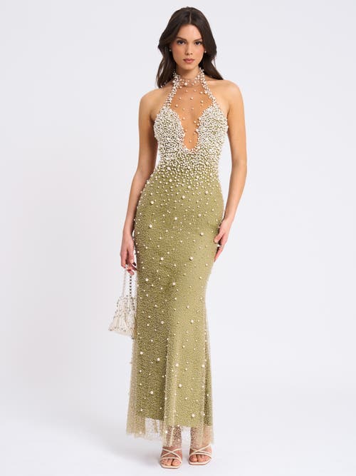 Miss Circle Women Ginny Pear Green Pearl Embellished Backless Gown In Gray