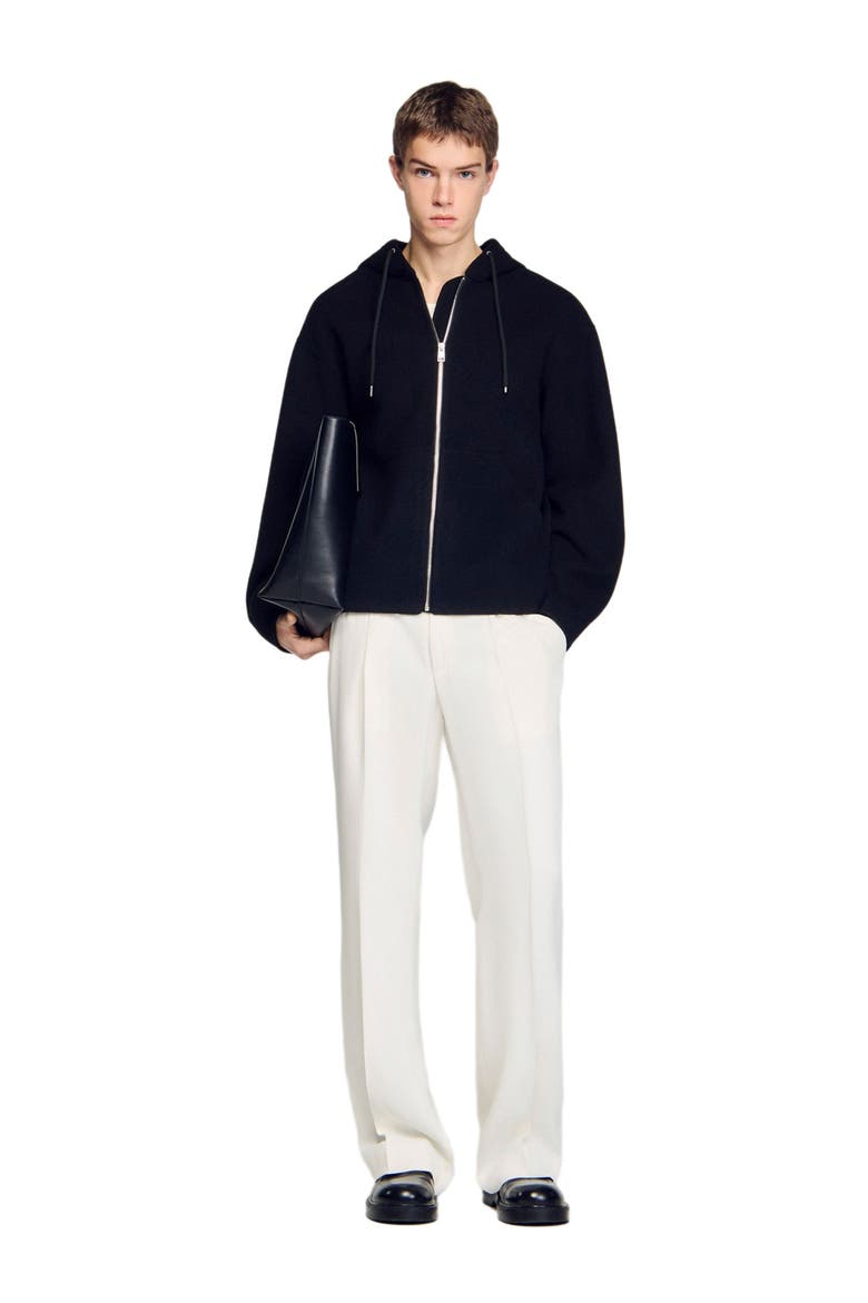 Hooded zip-up wool jacket, Alternate, color, Black