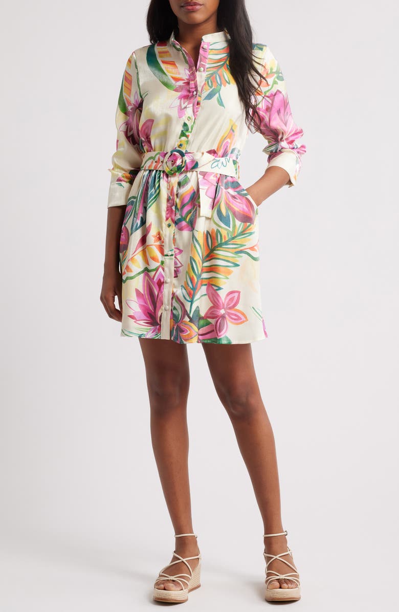 CIEBON Suzette Shimmer Floral Mini Shirtdress, Main, color, Cream Multi