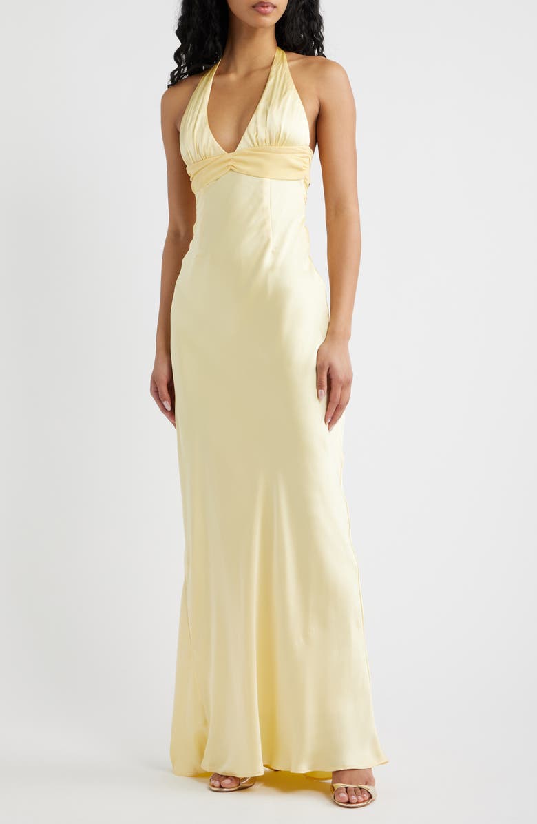 Princess Polly Odyssa Satin Halter Gown, Main, color, Yellow