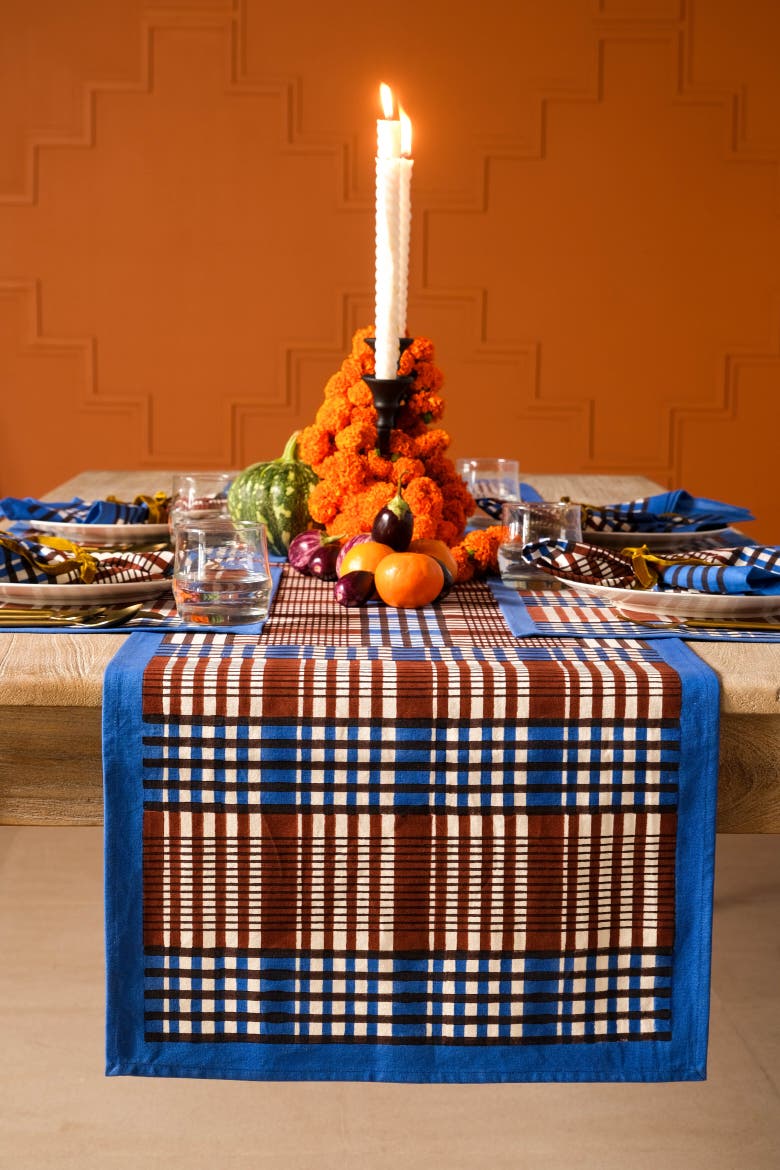 Shetland Plaid Blockprint Tablerunner, Alternate, color, Brown