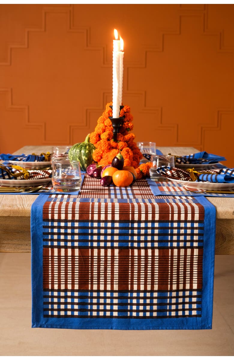 Inner Child Shetland Plaid Blockprint Tablerunner, Alternate, color, Brown