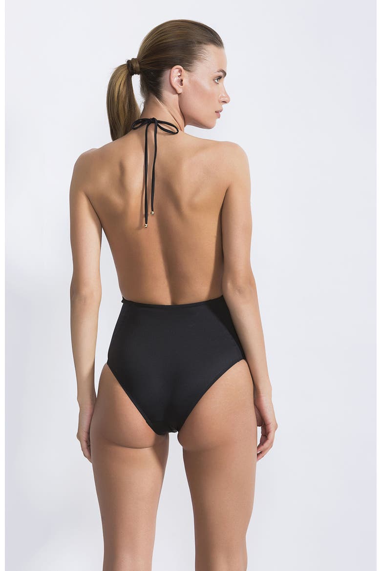 Striped Plunging Keyhole Detail Ruched High-Waist Illusion One-Piece Swimsuit, Alternate, color, Black-White
