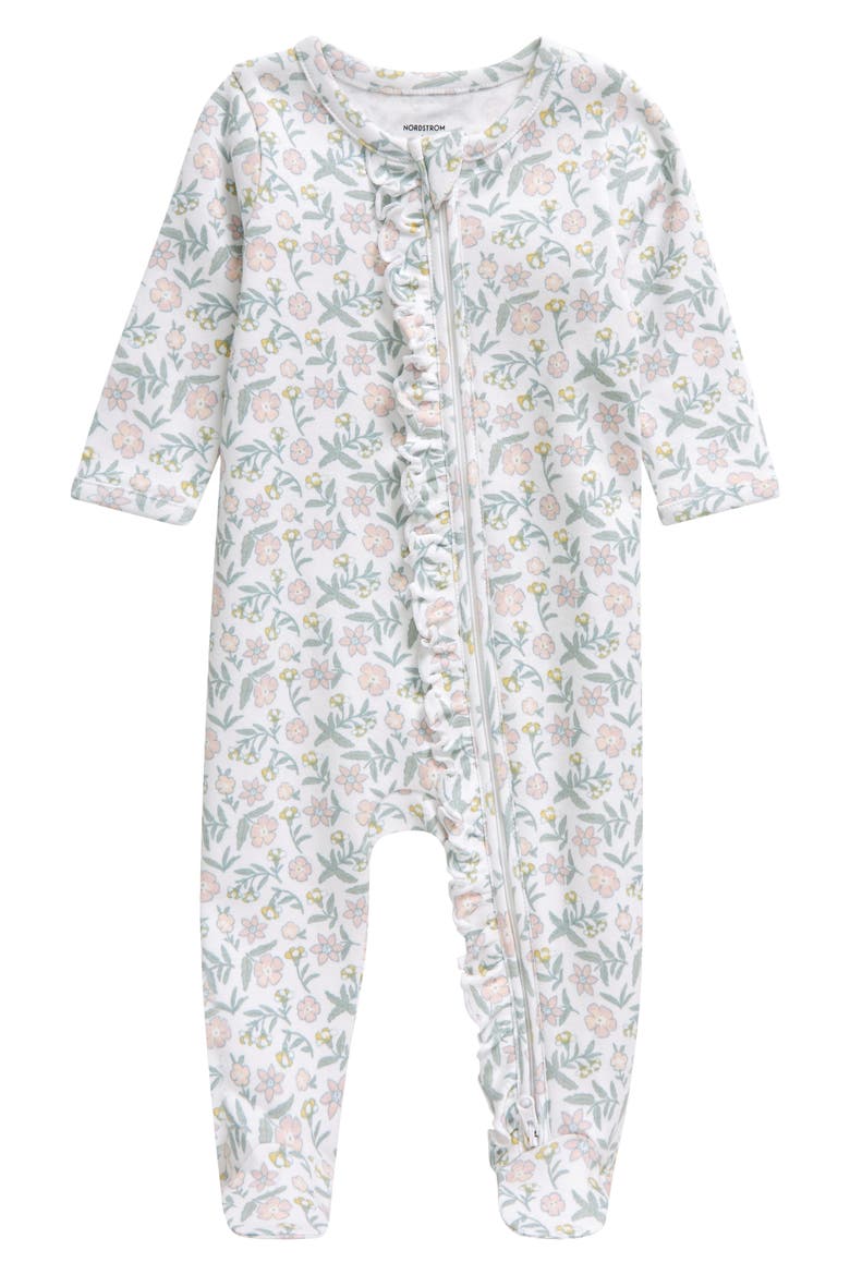 Floral Ruffle Zip-Up Cotton Footie, Main, color, WHITE- PINK SUMMERTIME FLORAL