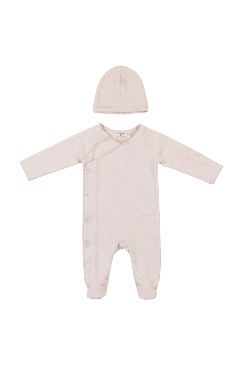Girl French Terry Wrap V Neck Romper and Matching Hat Set, Alternate, color, Light Blush