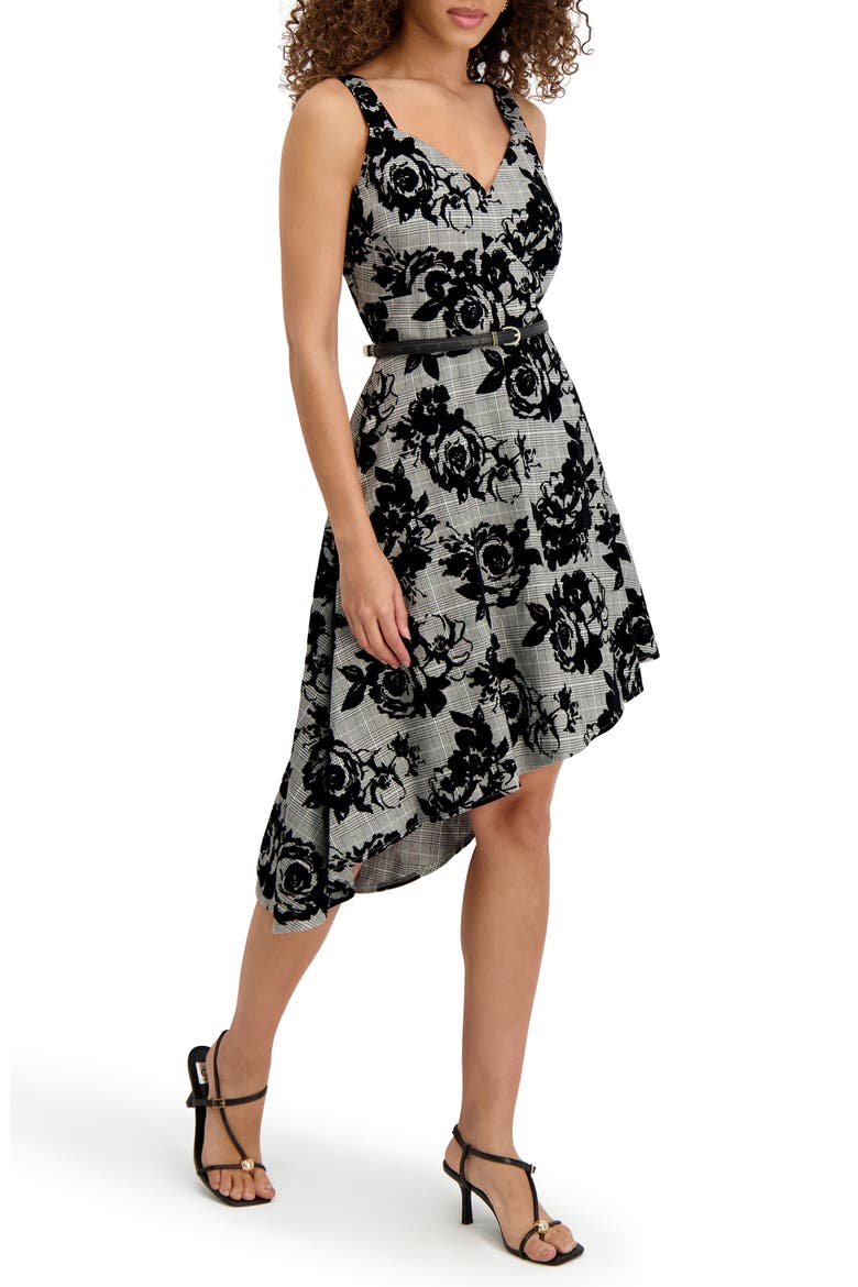 Flocked Velvet Asymmetric Dress, Alternate, color, BLK/ WHT