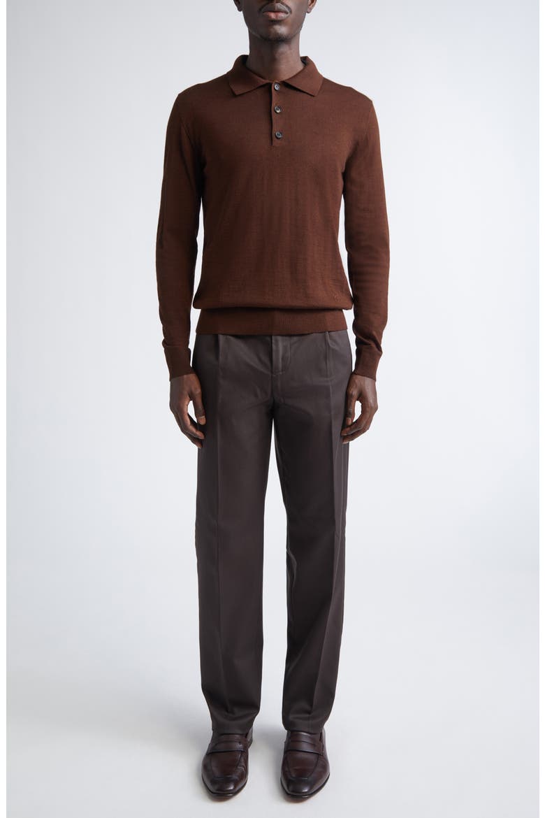 Long Sleeve Wool, Silk & Cashmere Polo Sweater, Alternate, color, BROWN