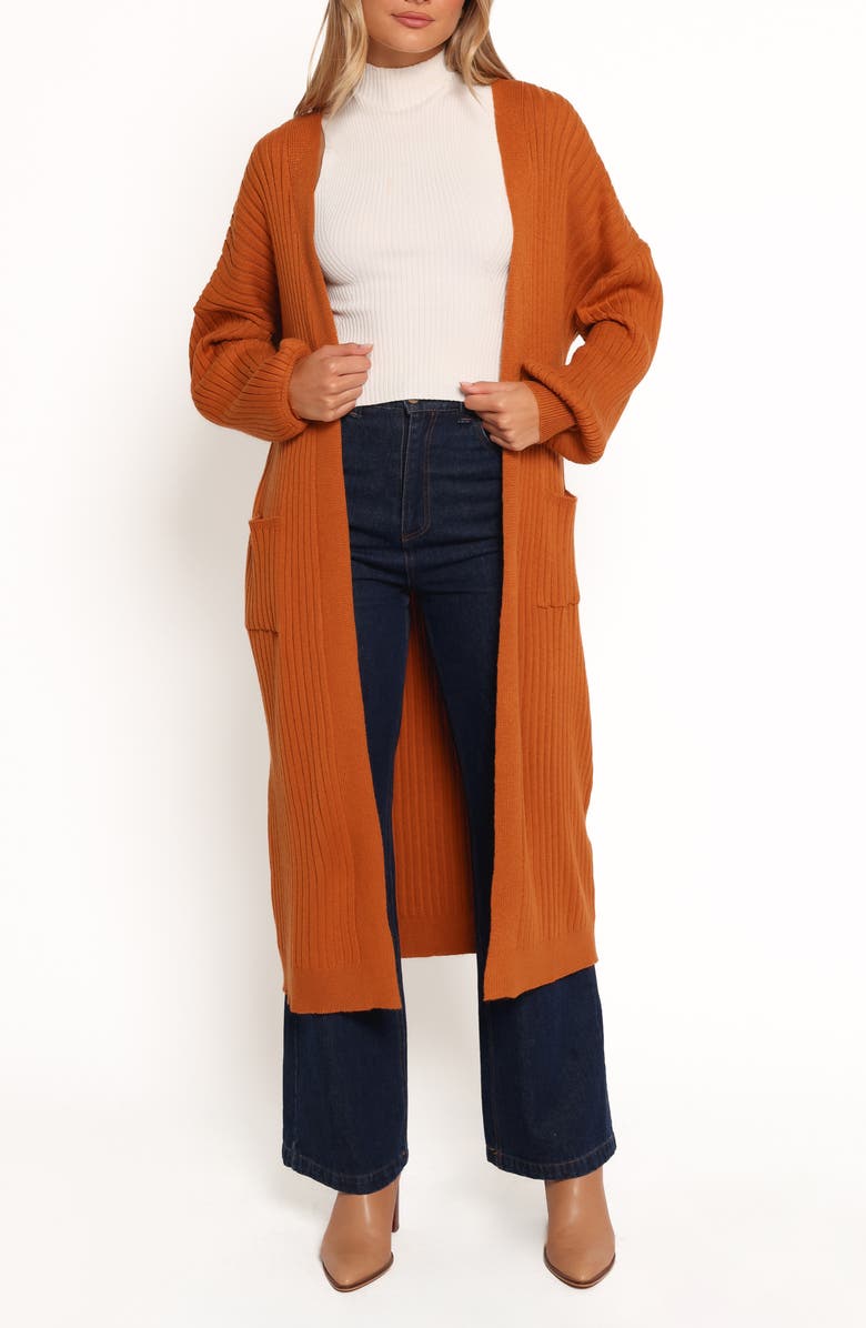 Petal & Pup Makenna Open Front Rib Longline Cardigan, Main, color, Rust