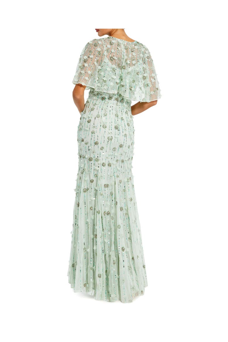 Women's Embellished Illusion Cape Sleeve Trumpet Gown, Alternate, color, Sage