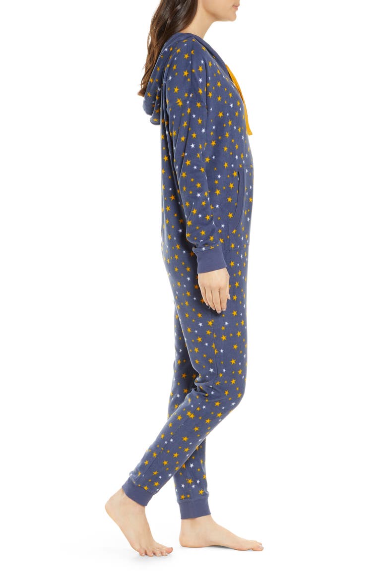 Microfleece Hooded Jumpsuit Pajamas, Alternate, color, BLUE VINTAGE STARS