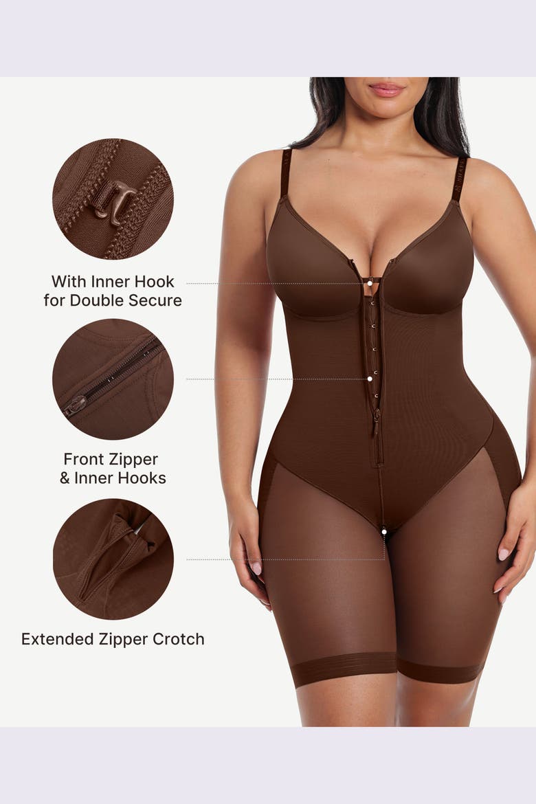 Body Shaper With Zipper Crotch Mid-Thigh Bodysuit, Alternate, color, Brown