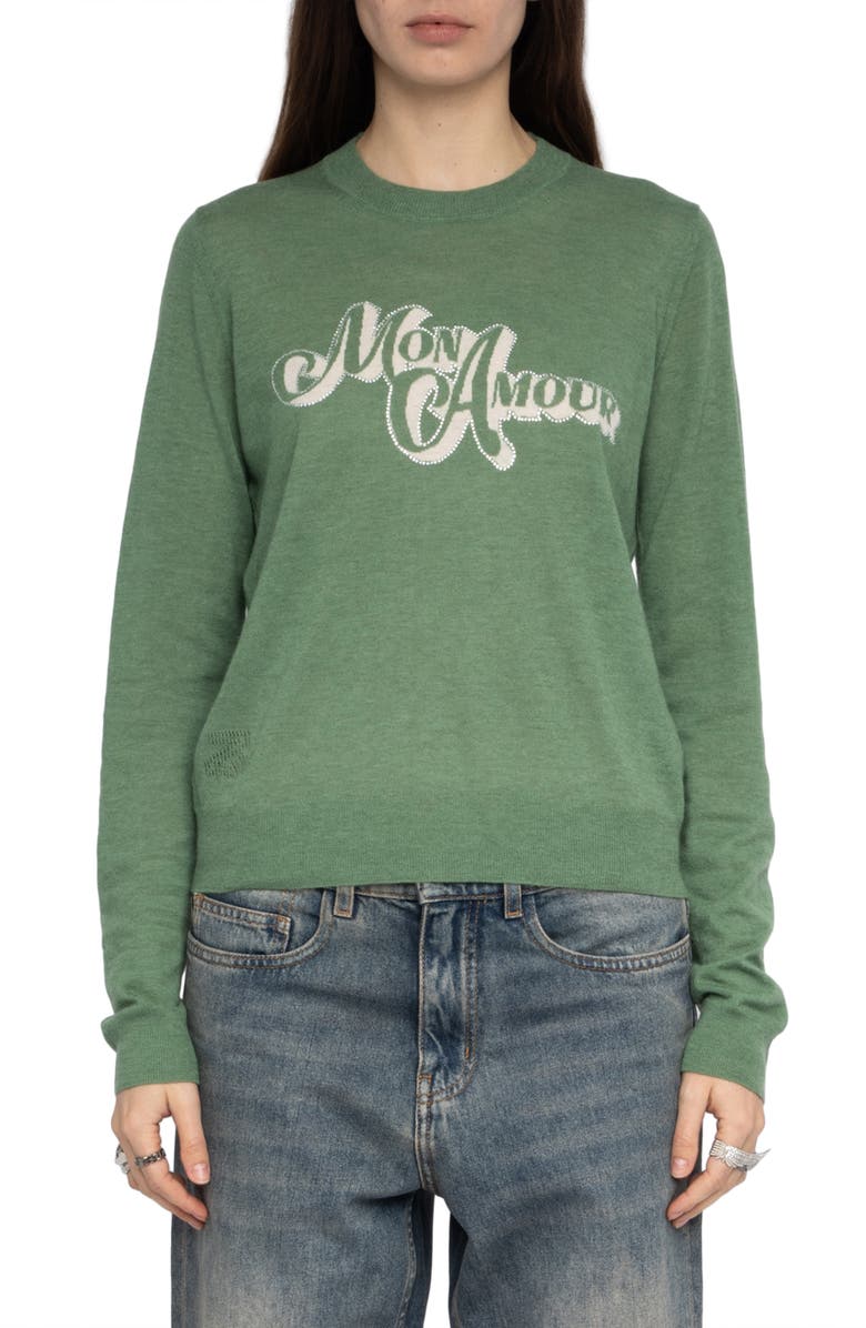 Zadig & Voltaire Miss CP Mon Amour Embellished Cashmere Graphic Sweater, Main, color, Verveine