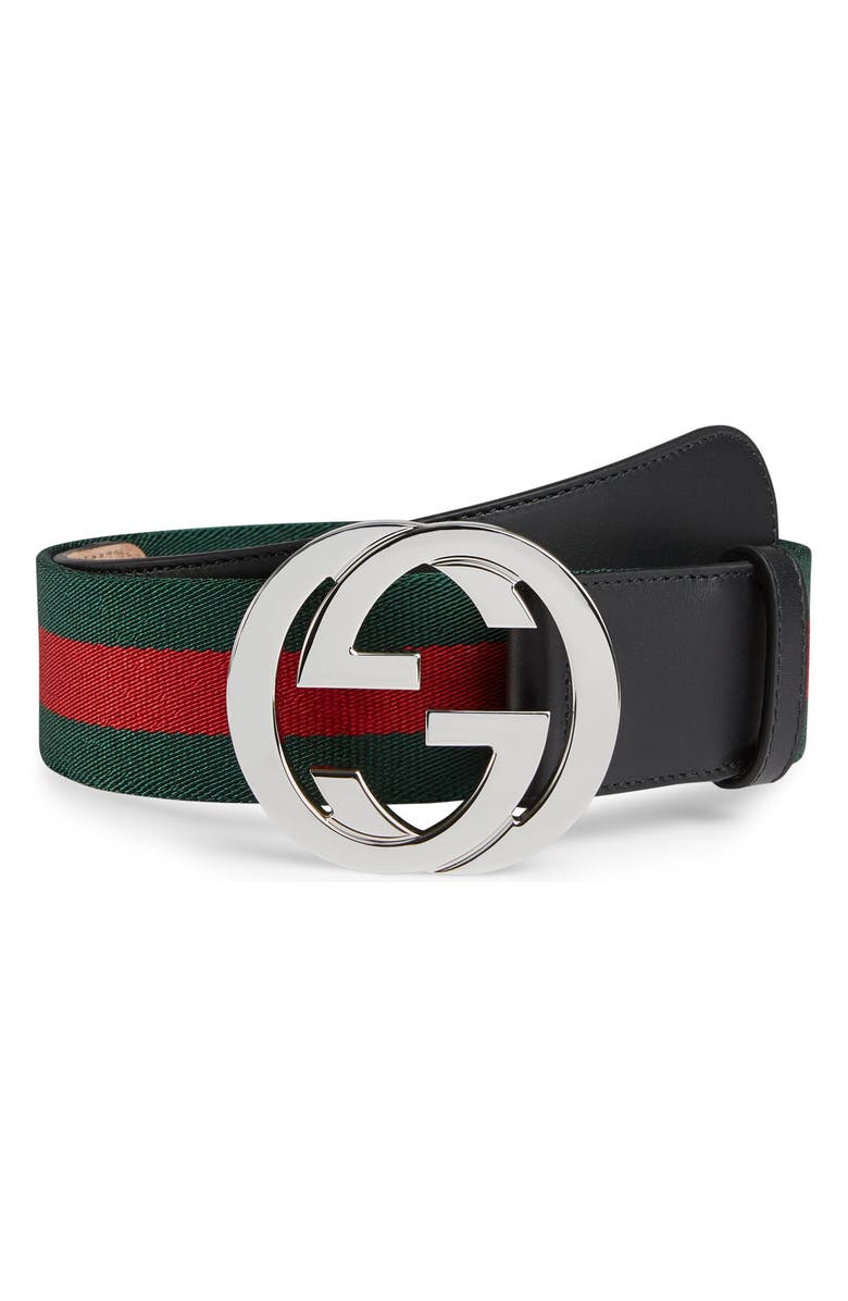 Gucci Interlocking G Logo Stripe Web & Leather Belt, Main, color, 