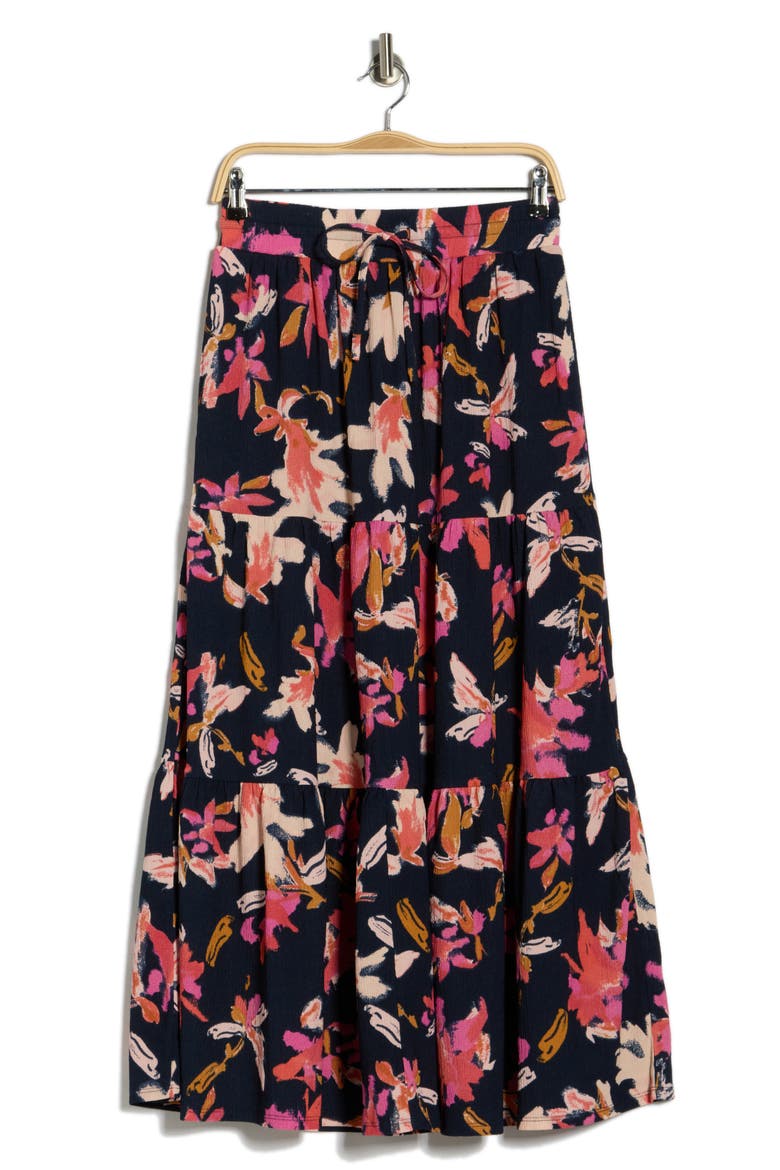 Tiered Drawstring Maxi Skirt, Alternate, color, NAVY PINK - LUCY FLORAL