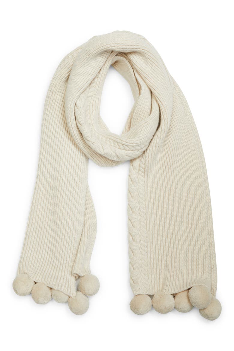 Pompom Fringe Mixed Stitch Cashmere Scarf, Alternate, color, BUFF MELANGE