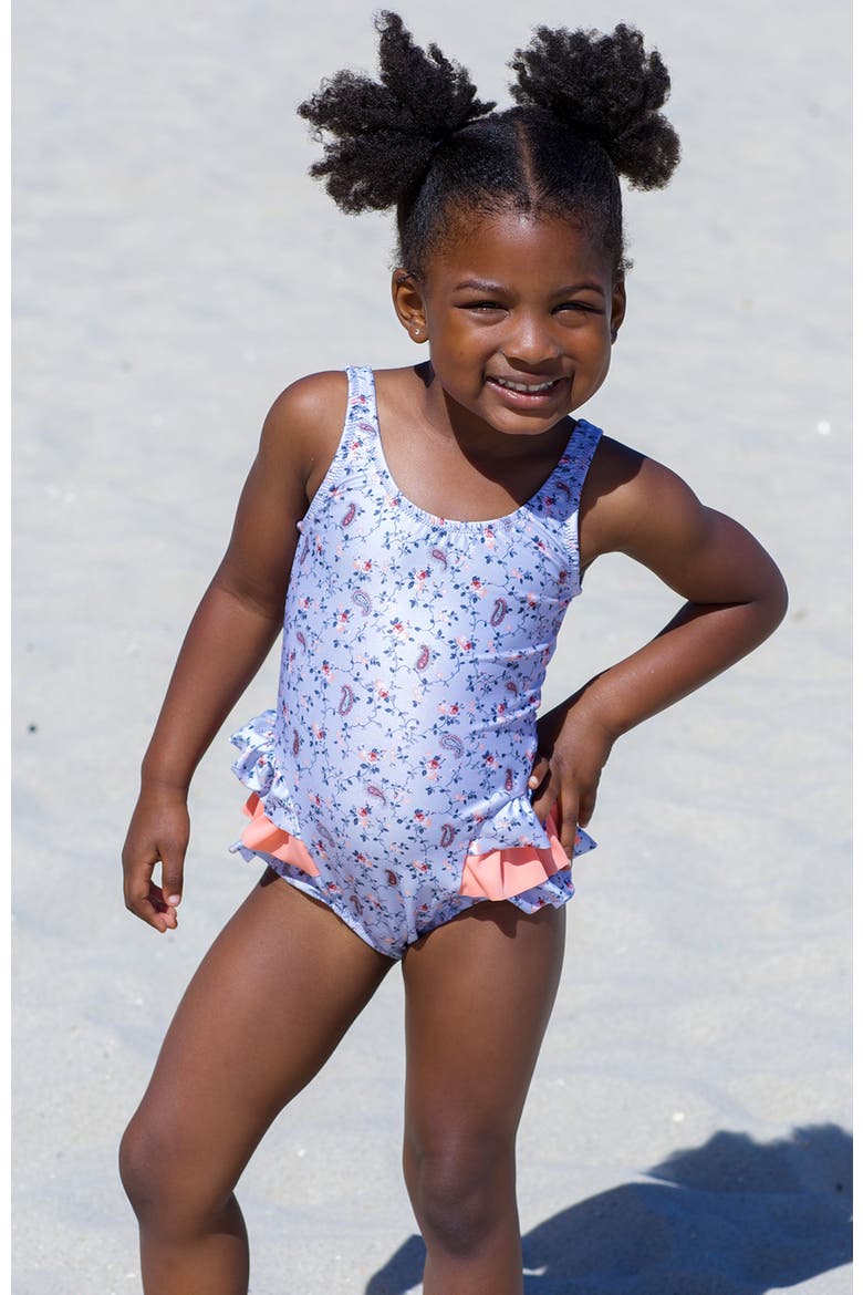 Vintage Floral Print Triple-Layered Side Ruffle Detail One-Piece Swimsuit, Alternate, color, Grey