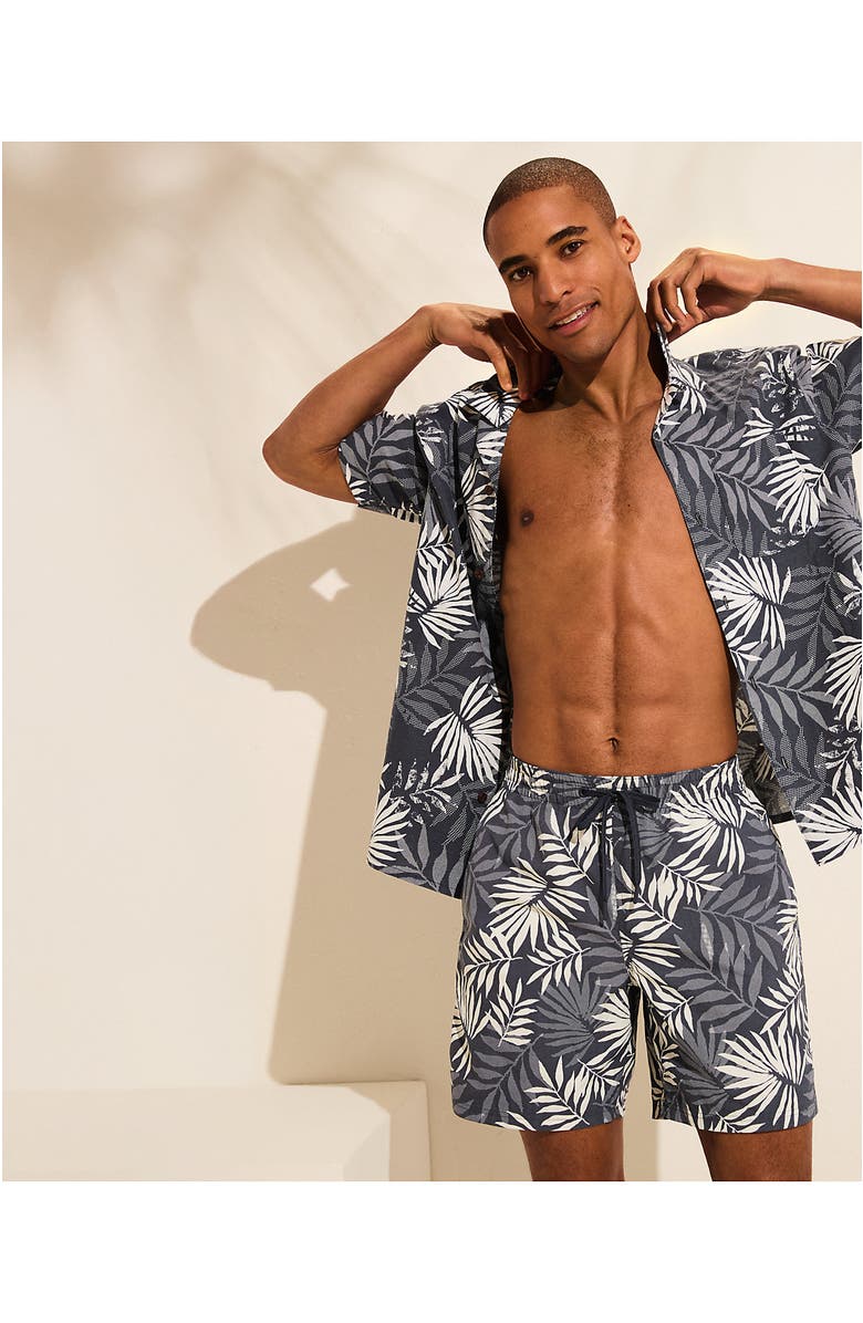 Lands' End 7 Inch Volley Hydroliner Swim Trunks, Alternate, color, Slate Blue Stipple Palm