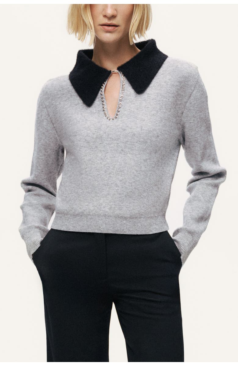 Nocturne Contrast Collar Keyhole Knit Sweater, Main, color, Grey