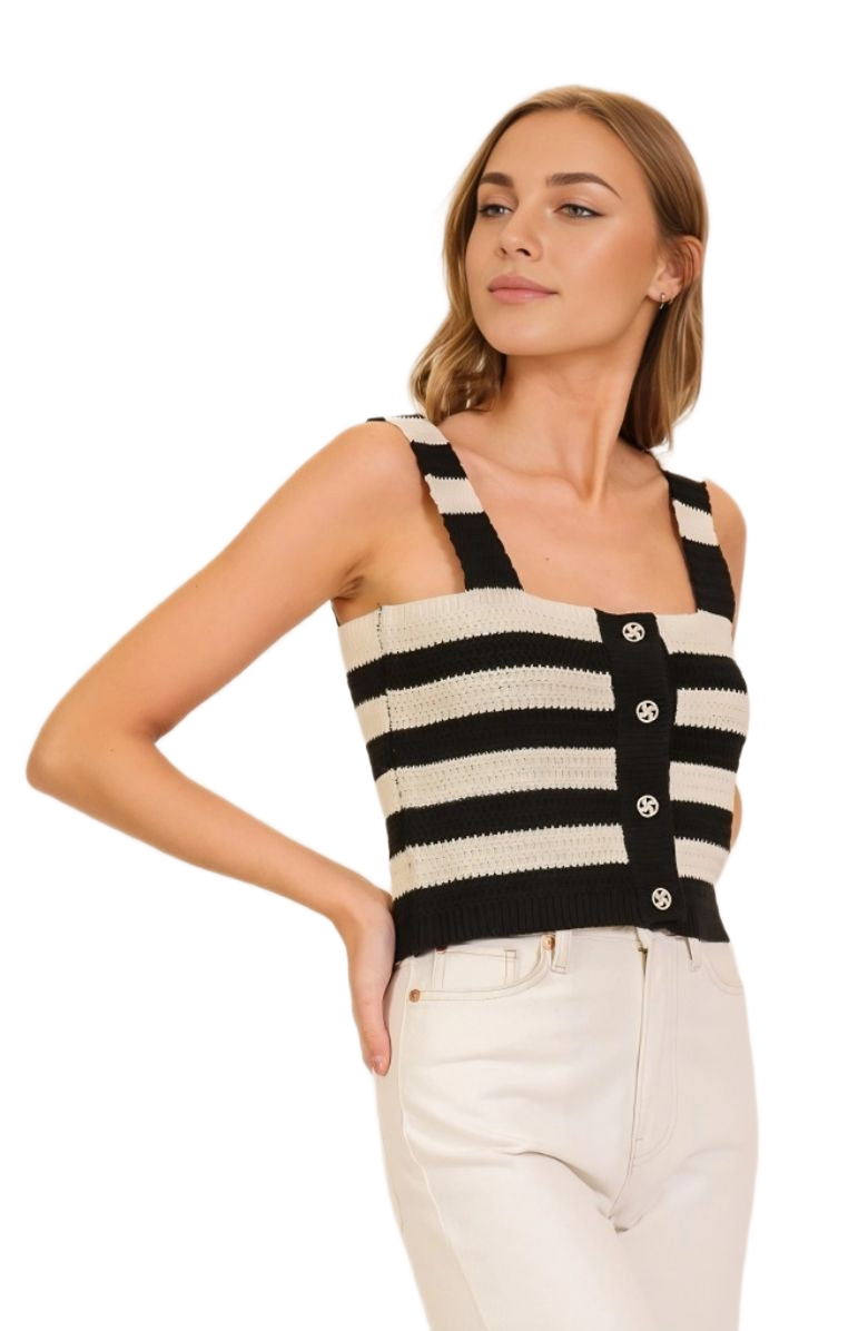 Knit and Lounge Striped Button-Front Square Neck Knit Tank, Alternate, color, 