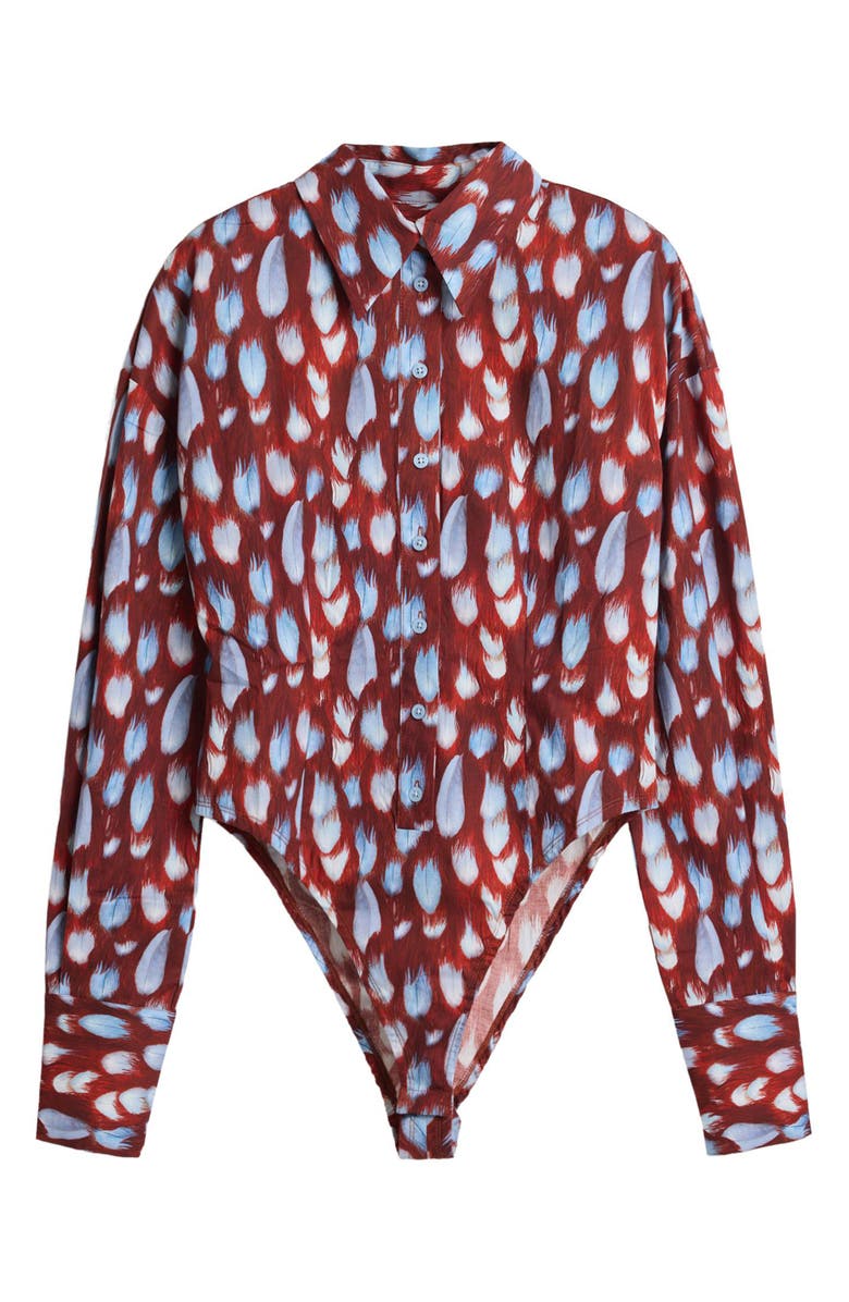 Desigual Feather Print Button-Up Bodysuit, Alternate, color, Burgundy/ Blue