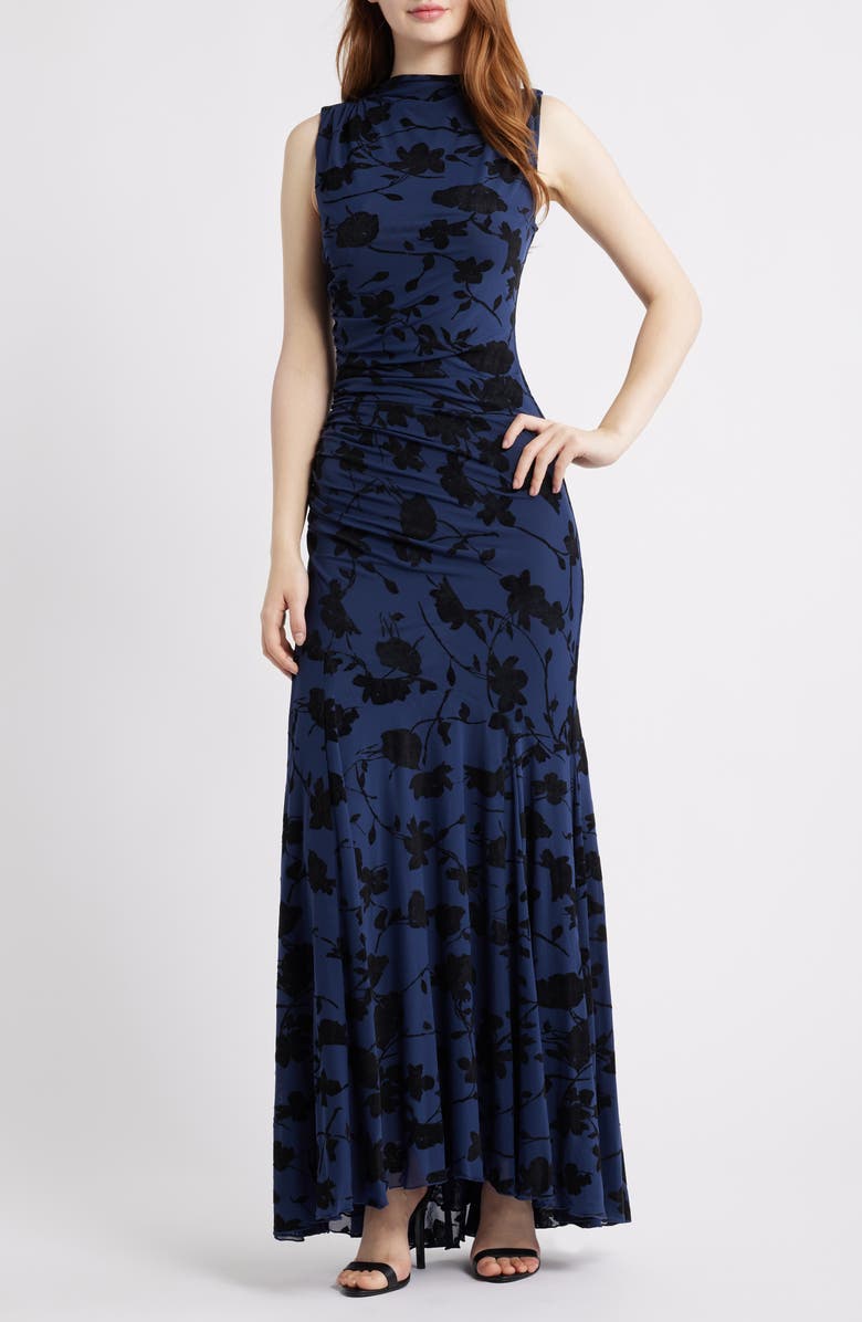 Rails Cosmos Floral Print Ruched Mesh Maxi Dress, Main, color, Navy Tossed Roses