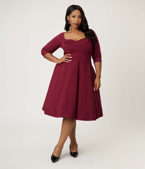 Unique Vintage Plus Size Pleated Bust Swing Dress In Burgundy