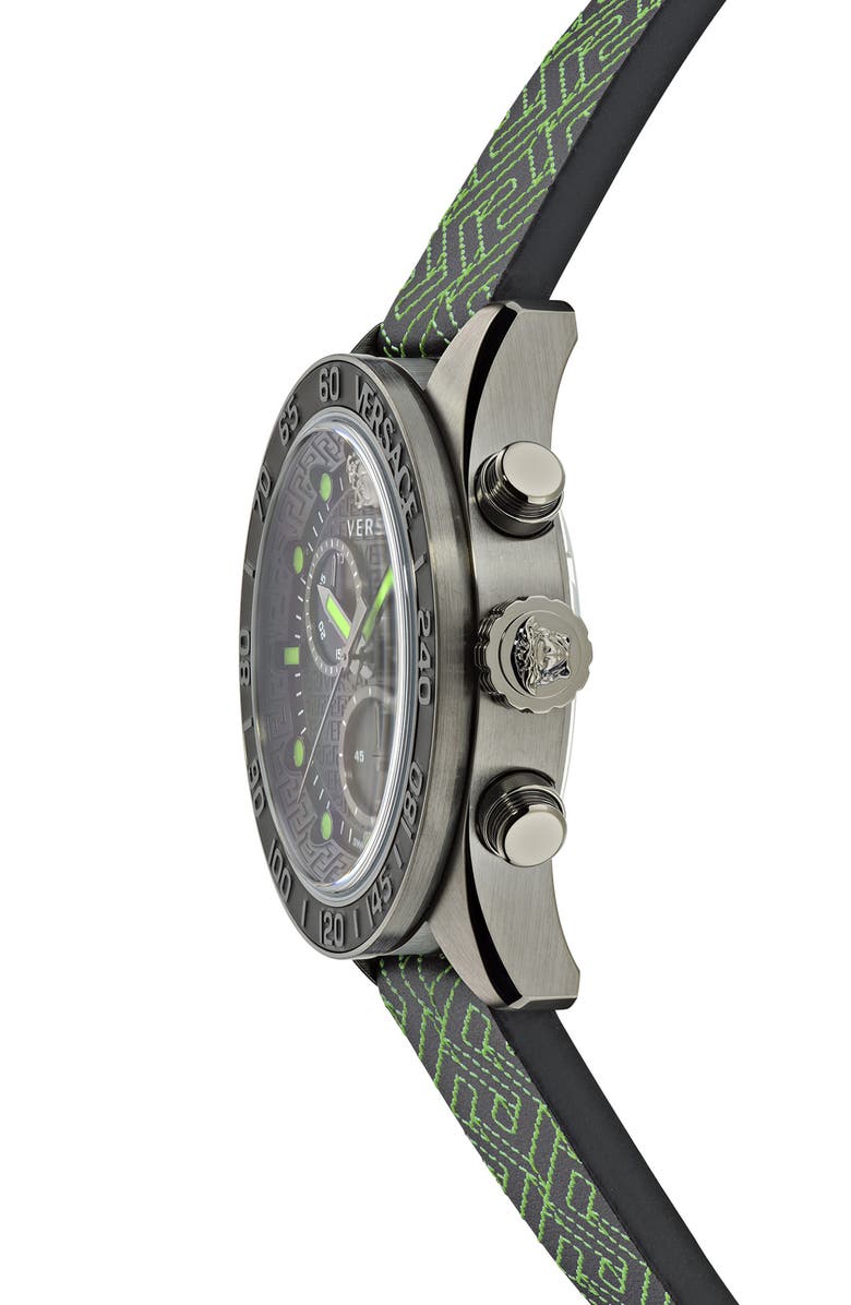Versace Greca Dome Chronograph Leather Strap Watch, 43mm, Alternate, color, Gun