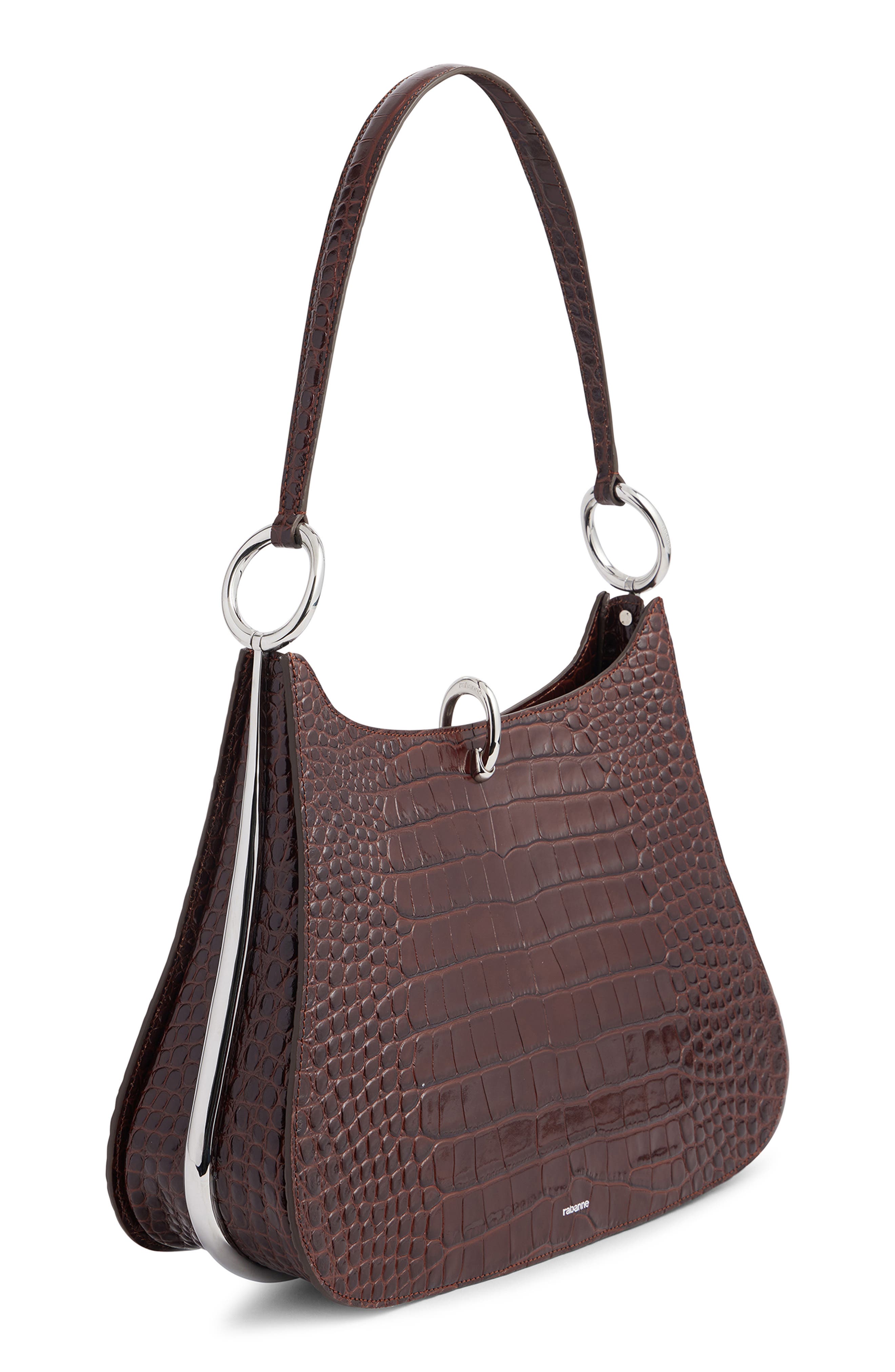 Rabanne The Large Ring Croc Embossed Leather Shoulder Bag, Main, color, Brown Croco/ Silver