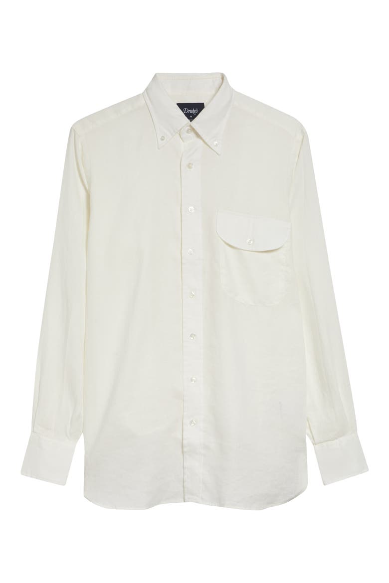 Curved Flap Linen Button-Down Shirt, Alternate, color, WHITE