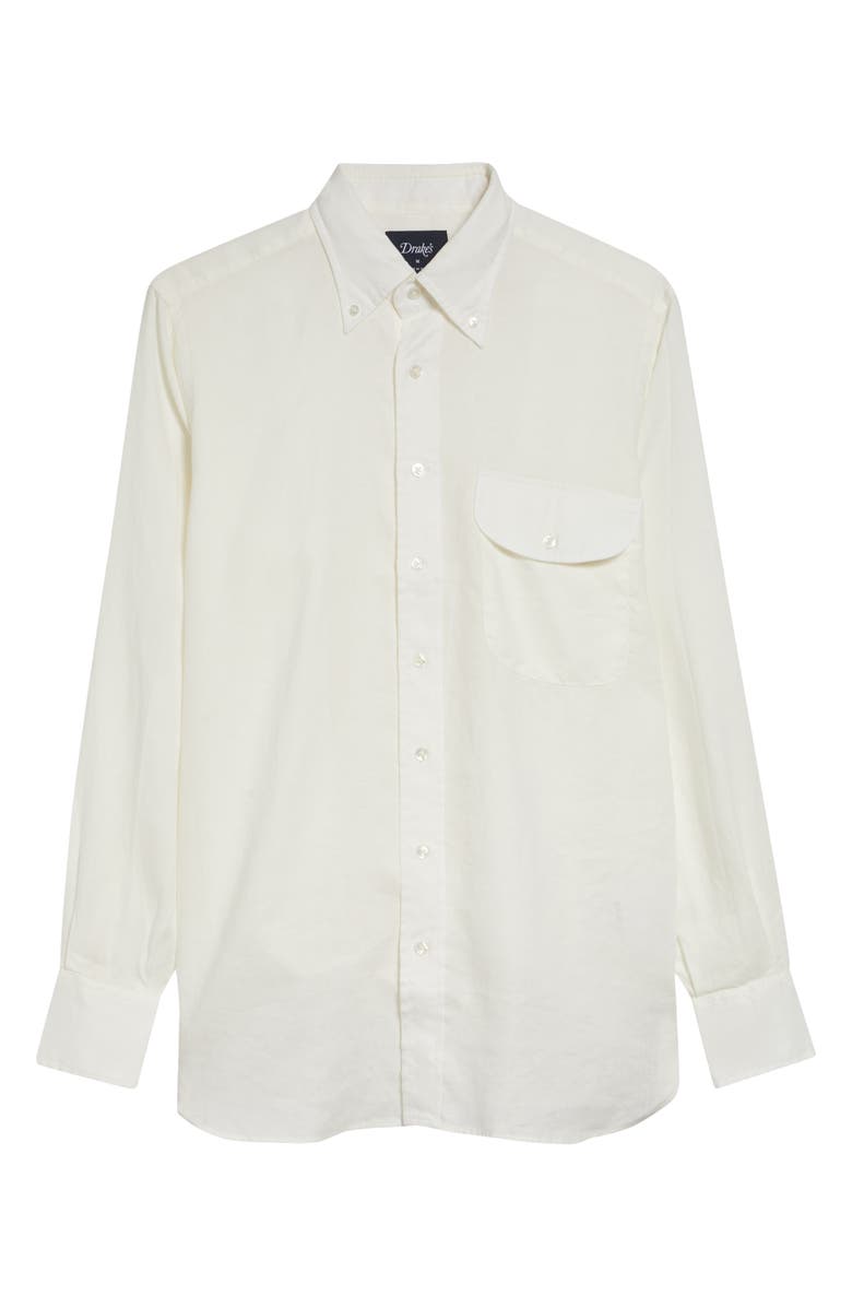 Drake's Curved Flap Linen Button-Down Shirt, Main, color, White