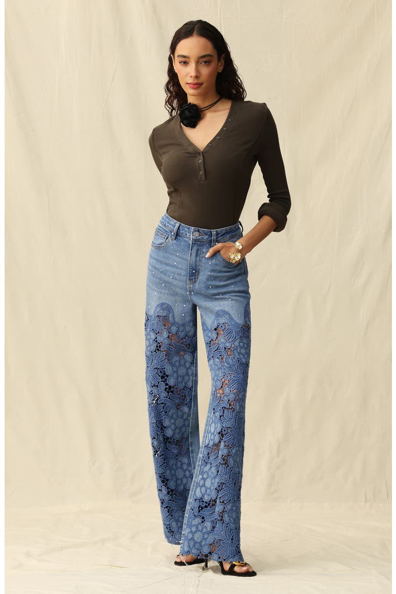 High Waist Floral Embroidered Raw Hem Wide Leg Jeans, Alternate, color, MEDIUM BLUE