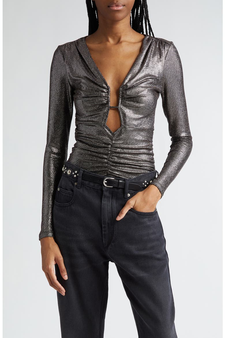 Buffy Plunge Neck Metallic Top, Main, color, METALLIC BLACK