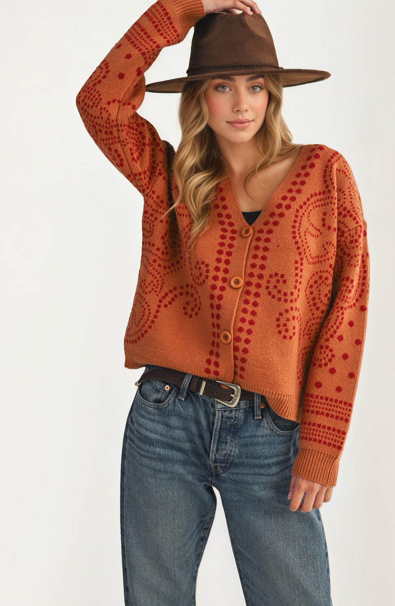 Knit and Lounge Patterned Button Relaxed Modern Fit Cardigan, Alternate, color, Orange-Toned Brown