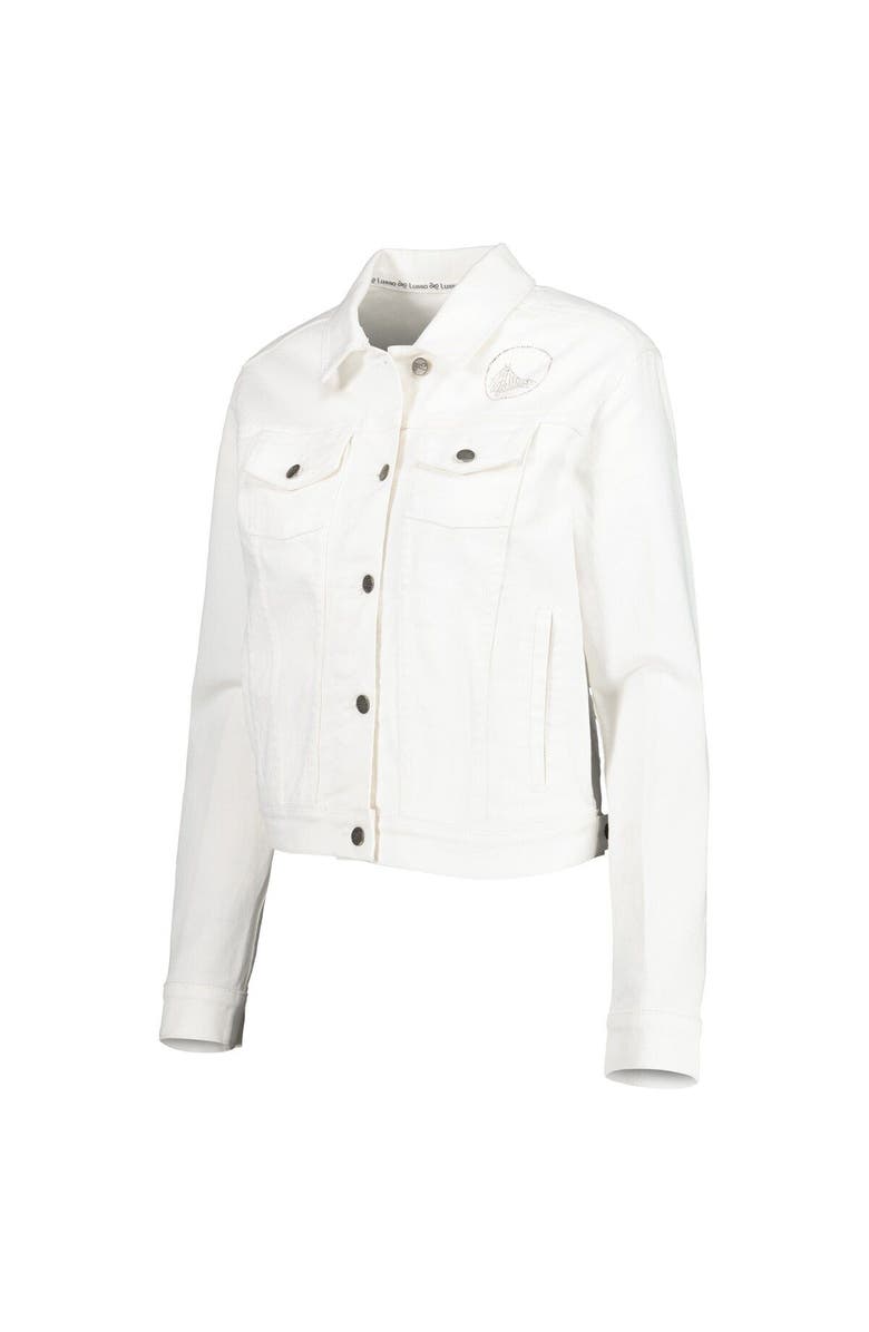 LUSSO Women's Lusso White Golden State Warriors Swarovski Crystal & Distressed Button-Up Denim Jacket, Alternate, color, White