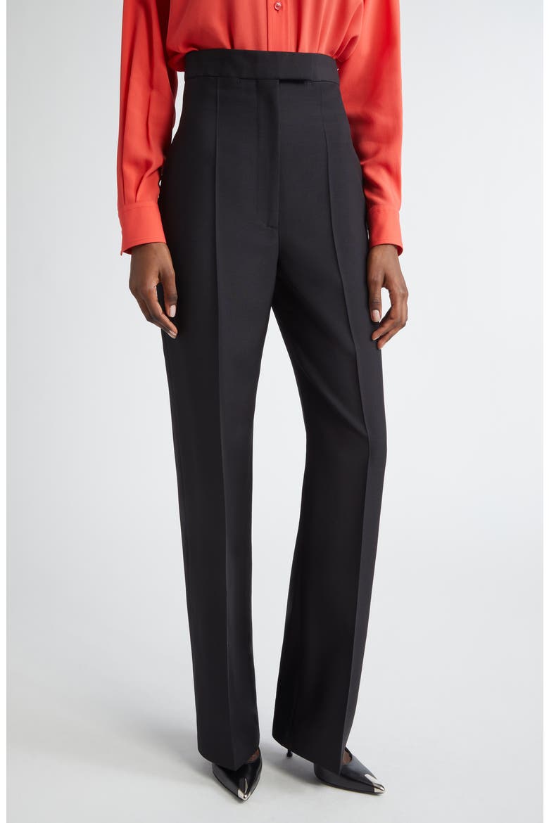 Creased High Waist Wide Leg Wool Trousers, Main, color, BLACK