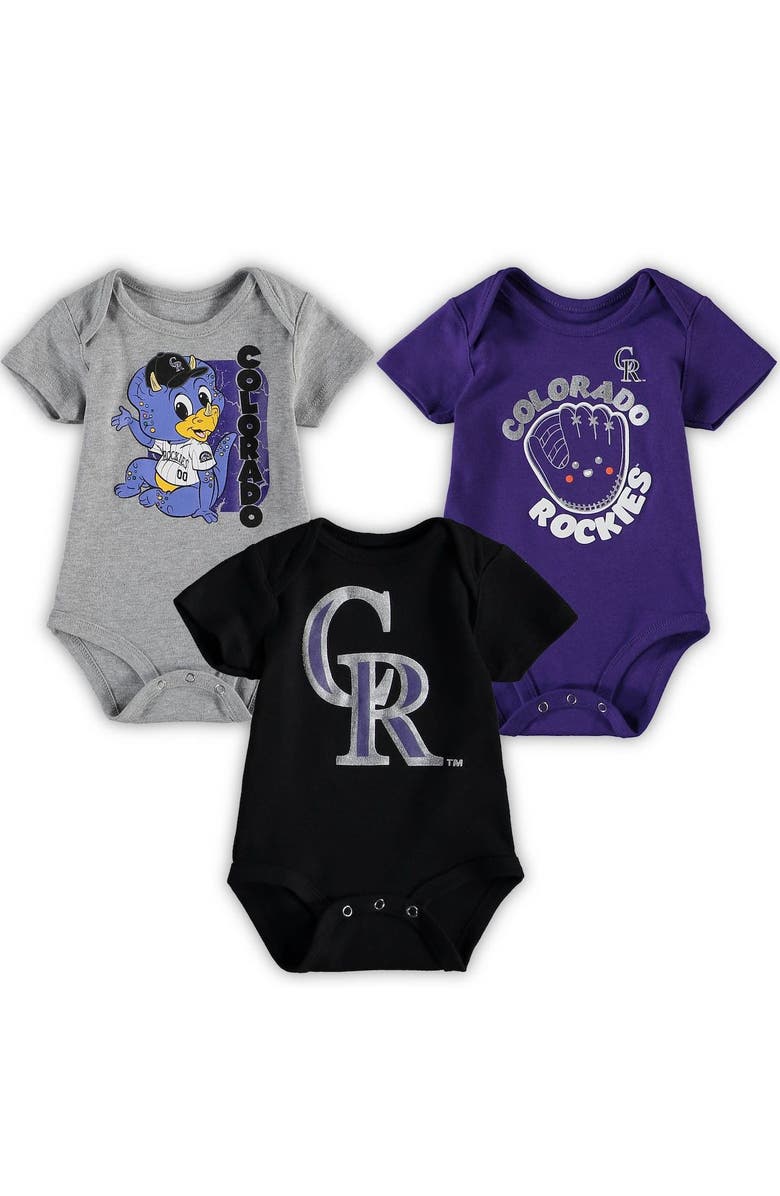 Outerstuff Infant Black/Heathered Gray/Purple Colorado Rockies Change Up 3-Pack Bodysuit Set, Main, color, Black