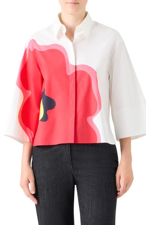 Abstract Floral Three Quarter Sleeve Button-Up Shirt