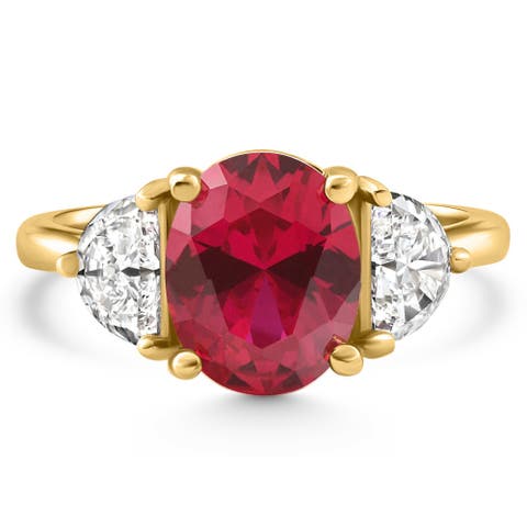 Oval Ruby & Half Moon Diamond Ring 14k Gold Lab Grown