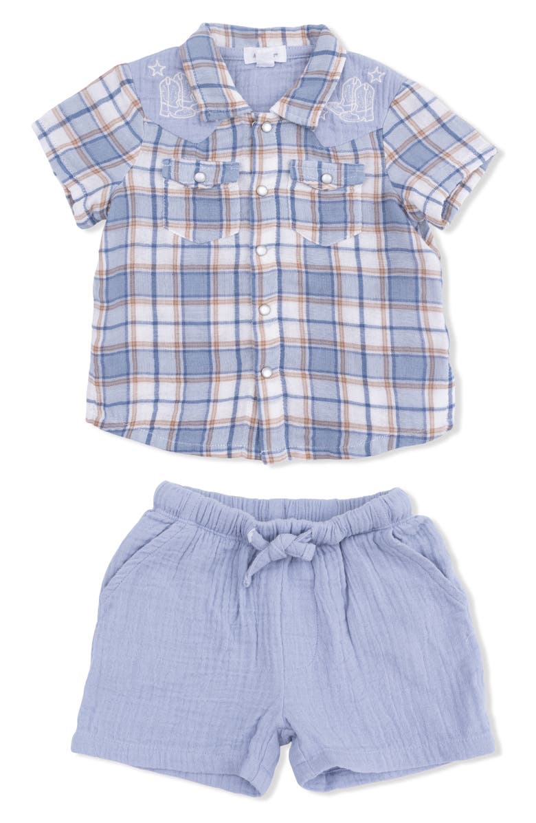 Angel Dear Western Boot Plaid Organic Cotton Muslin Pearl Snap Shirt & Shorts Set, Main, color, 