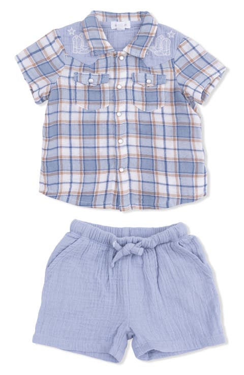 Western Boot Plaid Organic Cotton Muslin Pearl Snap Shirt & Shorts Set (Baby)