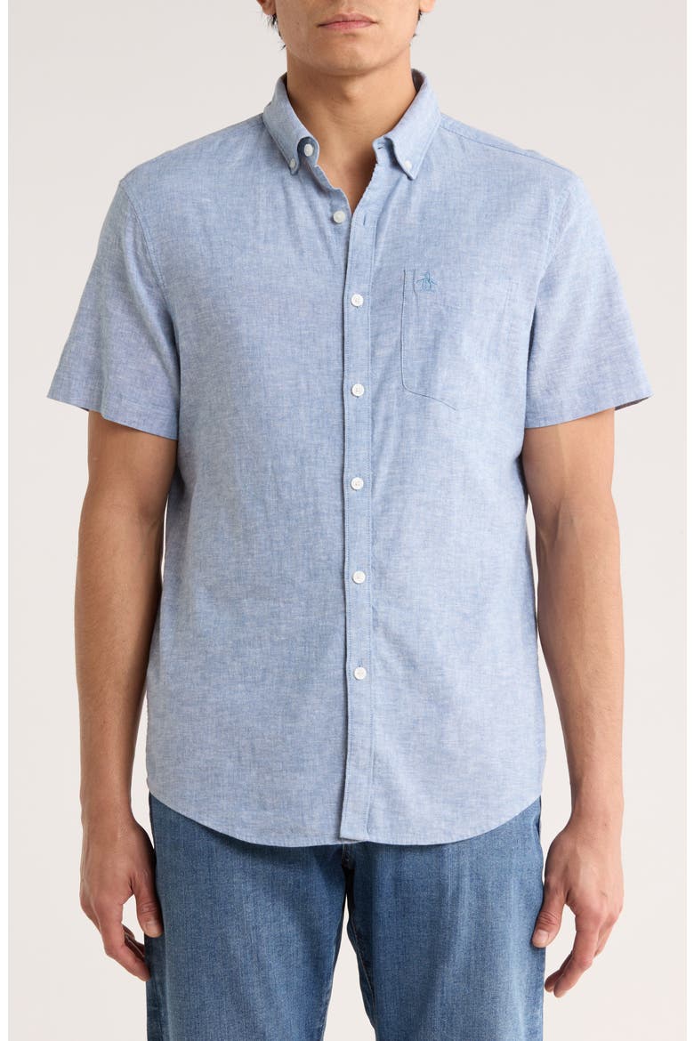 Stretch Linen Blend Short Sleeve Shirt, Main, color, COPEN BLUE