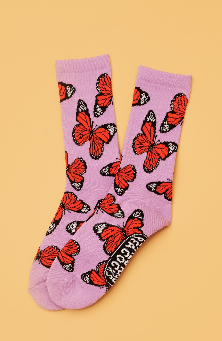 Petals and Peacocks Butterflying Blue Crew Socks, Alternate, color, 