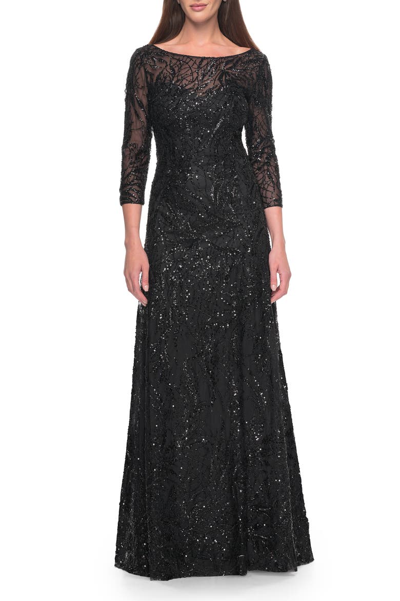 Beautiful Beaded Long Dress with Illusion Sleeves, Main, color, Black